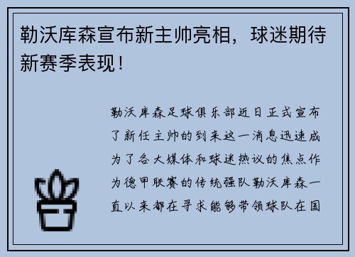 勒沃库森宣布新主帅亮相，球迷期待新赛季表现！