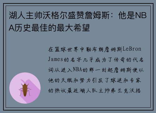 湖人主帅沃格尔盛赞詹姆斯：他是NBA历史最佳的最大希望