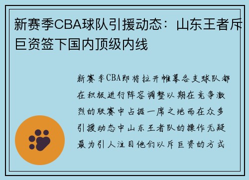 新赛季CBA球队引援动态：山东王者斥巨资签下国内顶级内线