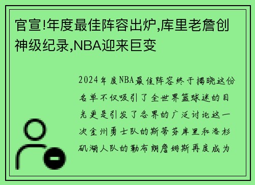 官宣!年度最佳阵容出炉,库里老詹创神级纪录,NBA迎来巨变