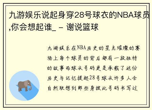 九游娱乐说起身穿28号球衣的NBA球员,你会想起谁_ - 谢说篮球