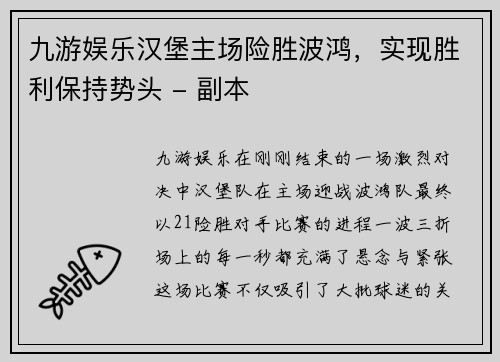 九游娱乐汉堡主场险胜波鸿，实现胜利保持势头 - 副本